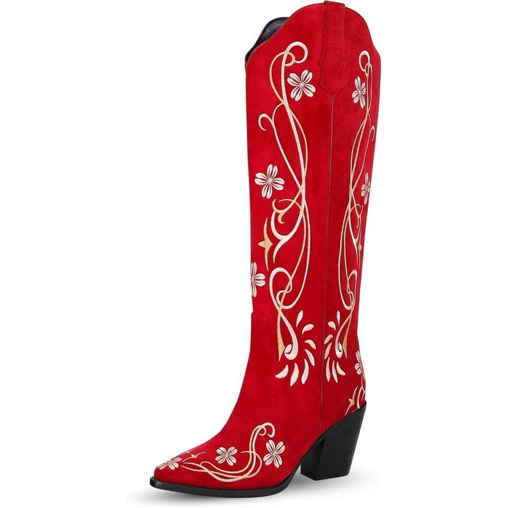 Women's Red Knee High Cowgirl Pointed Toe Chunky Heel Embroidery Boots